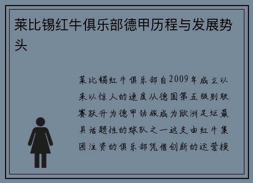 莱比锡红牛俱乐部德甲历程与发展势头